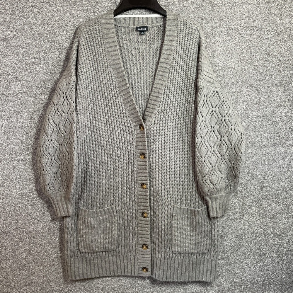 Torrid Cardigan Sweater Grey Longline Button Front Pointelle Sleeve Size 1 - Picture 1 of 7